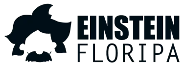 Logo escrito Einstein Floripa com desenho de rosto do Einstein, tudo em preto.